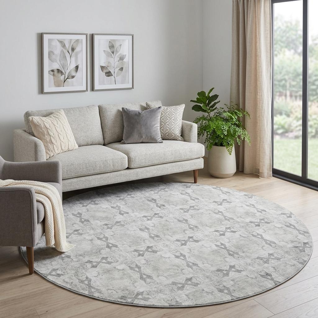 8' Ivory And Gray Geometric Shag Washable Round Rug With UV Protection - HomeRoots - Flyclothing LLC