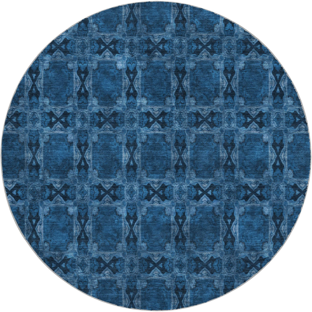 8' Navy Blue And Gray Geometric Shag Washable Round Rug With UV Protection - HomeRoots - Flyclothing LLC