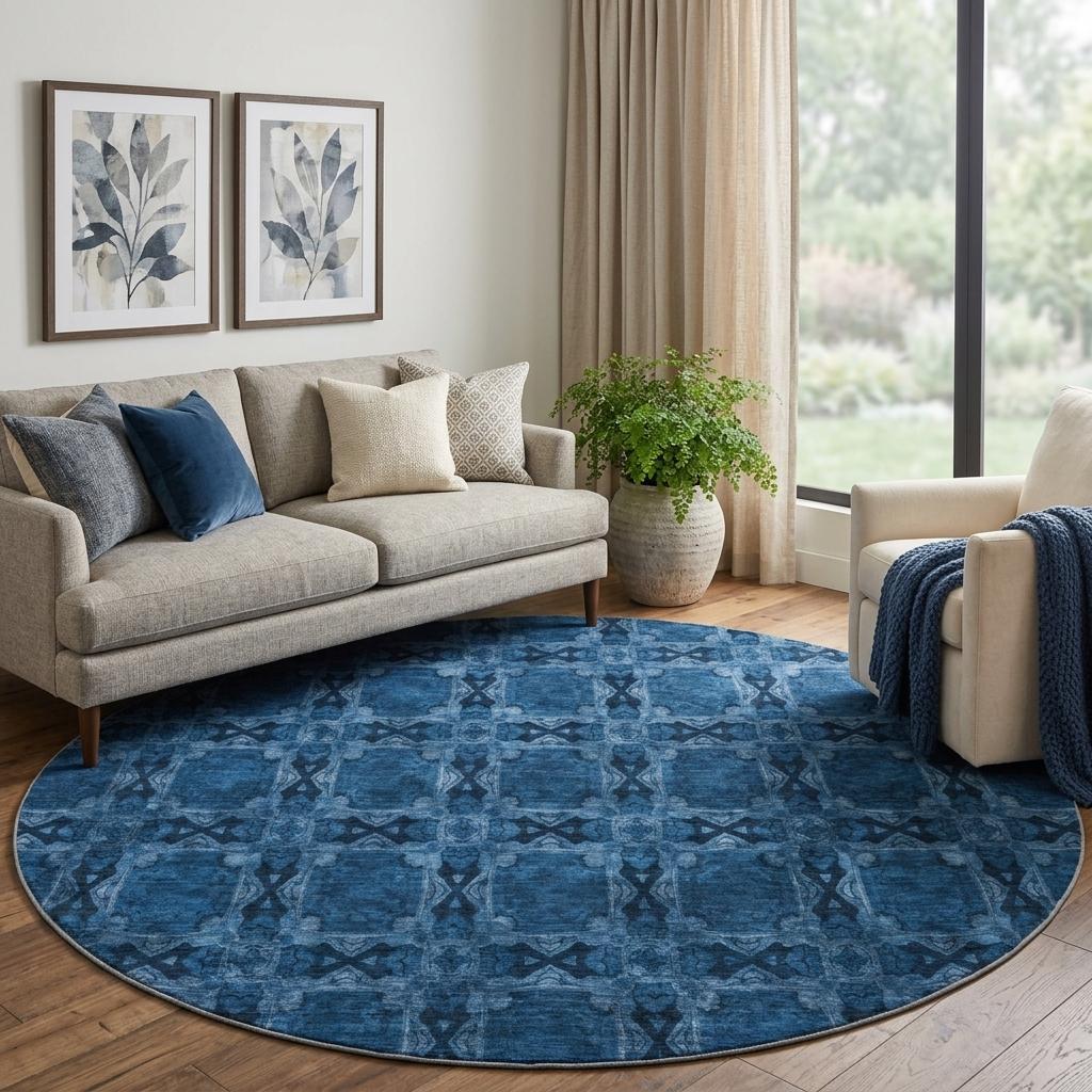 8' Navy Blue And Gray Geometric Shag Washable Round Rug With UV Protection - HomeRoots - Flyclothing LLC