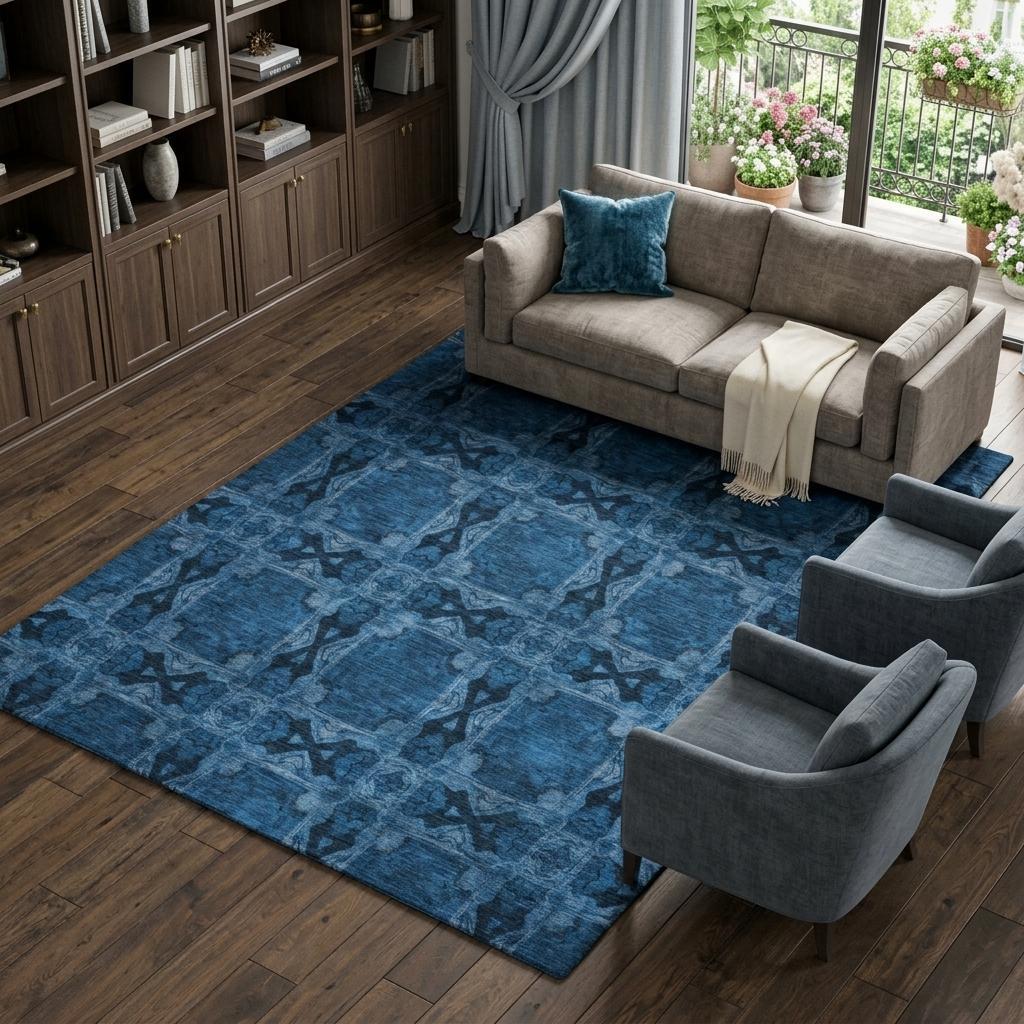 10' X 14' Navy Blue And Gray Geometric Shag Washable Area Rug With UV Protection - HomeRoots - Flyclothing LLC
