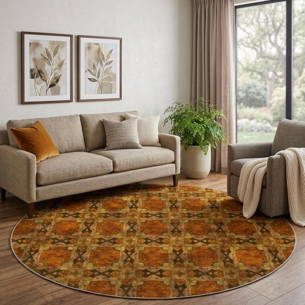 8' Orange And Terra Cotta Geometric Shag Washable Round Rug With UV Protection - HomeRoots - Flyclothing LLC