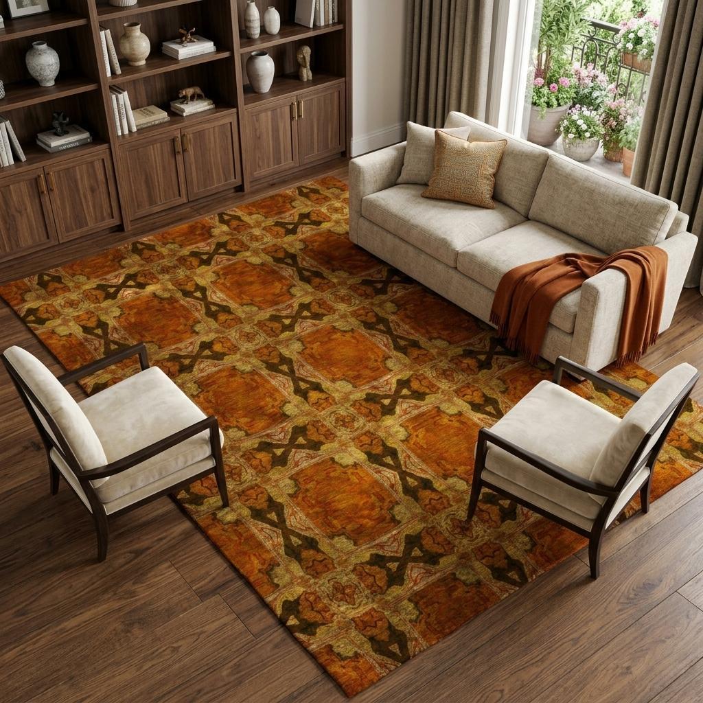 9' X 12' Orange And Terra Cotta Geometric Shag Washable Area Rug With UV Protection - HomeRoots - Flyclothing LLC