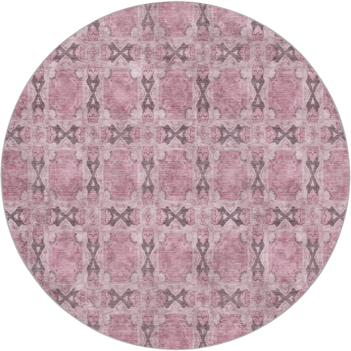 8' Pink And Gray Geometric Shag Washable Round Rug With UV Protection - HomeRoots - Flyclothing LLC