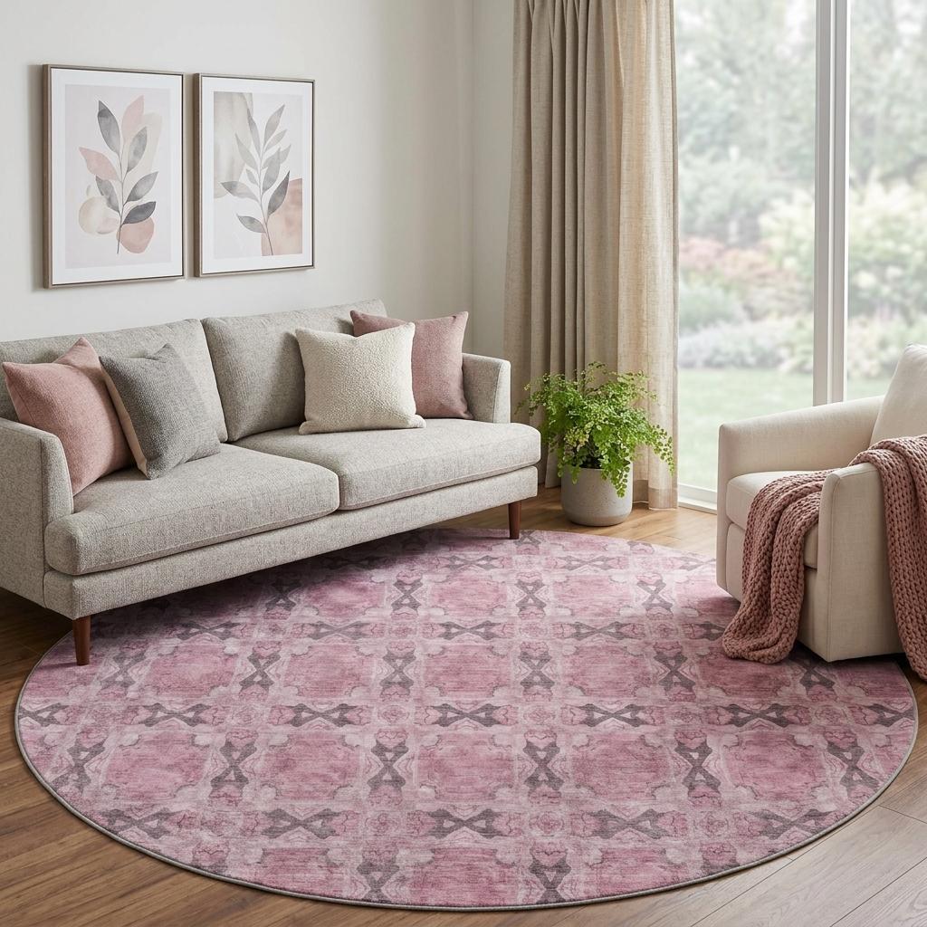 8' Pink And Gray Geometric Shag Washable Round Rug With UV Protection - HomeRoots - Flyclothing LLC