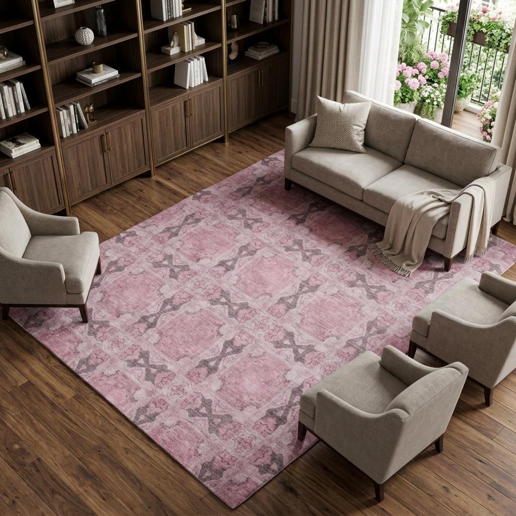 9' X 12' Pink And Gray Geometric Shag Washable Area Rug With UV Protection - HomeRoots - Flyclothing LLC