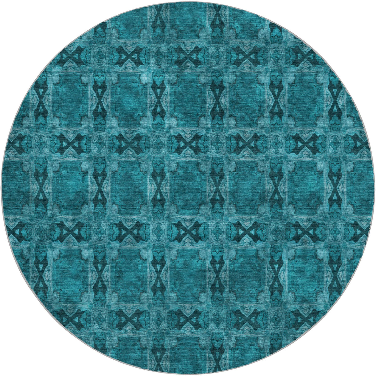 8' Teal And Charcoal Geometric Shag Washable Round Rug With UV Protection - HomeRoots - Flyclothing LLC