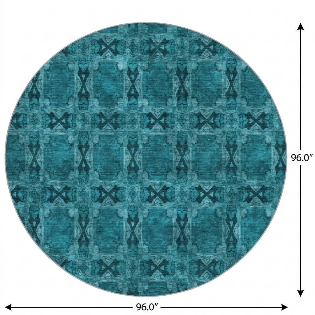 8' Teal And Charcoal Geometric Shag Washable Round Rug With UV Protection - HomeRoots - Flyclothing LLC
