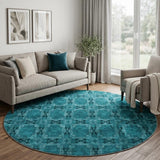 8' Teal And Charcoal Geometric Shag Washable Round Rug With UV Protection - HomeRoots - Flyclothing LLC