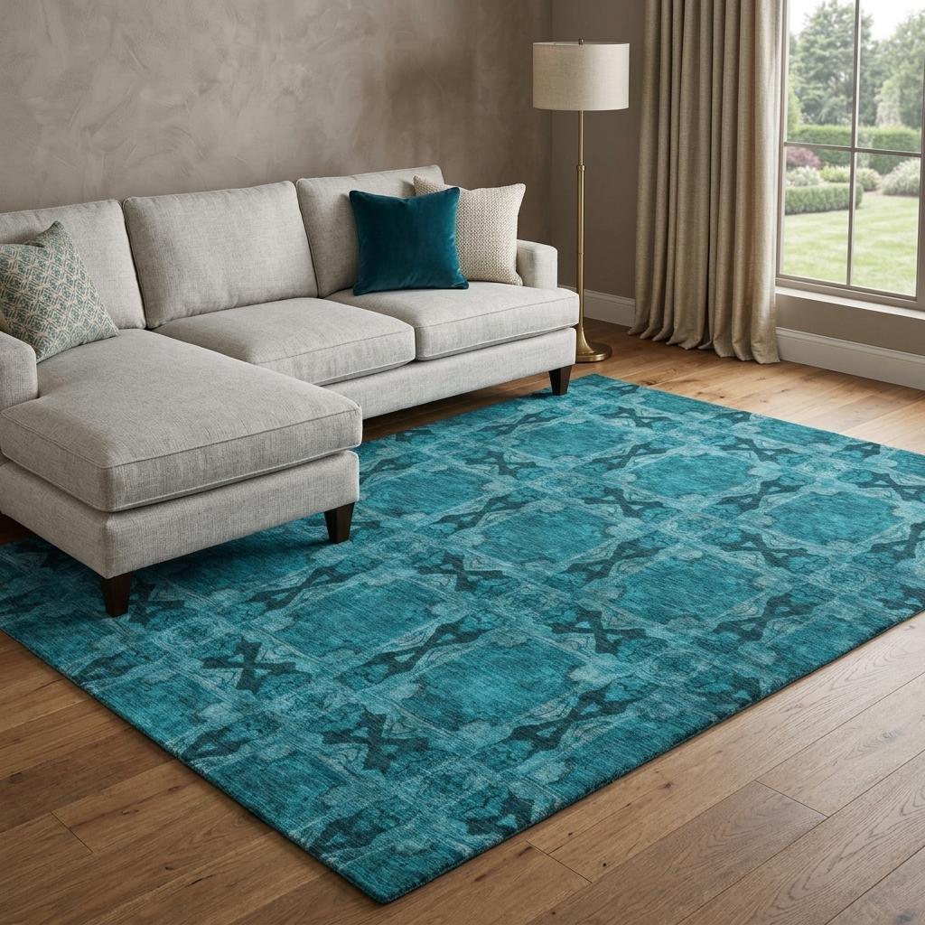9' X 12' Teal And Charcoal Geometric Shag Washable Area Rug With UV Protection - HomeRoots - Flyclothing LLC