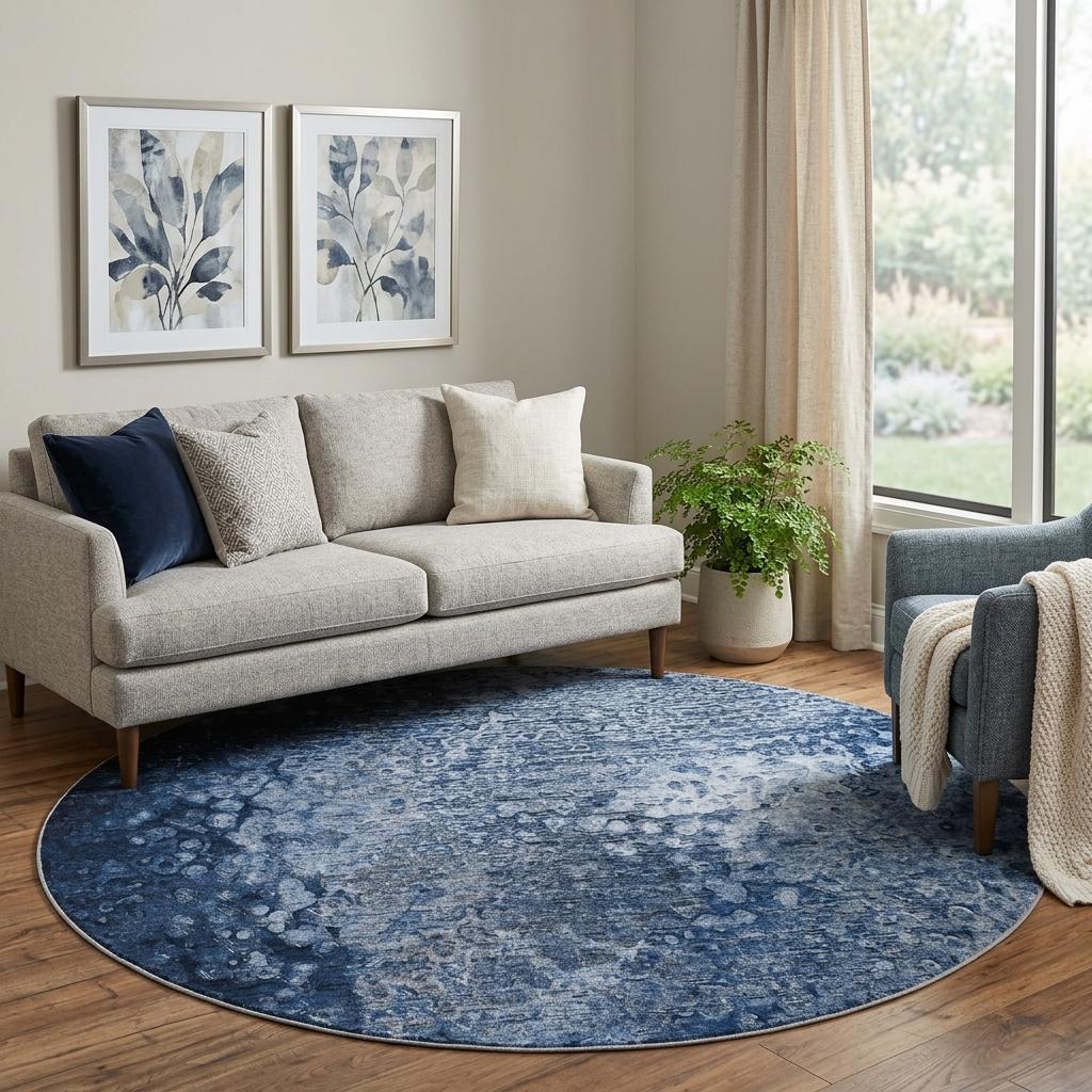 8' Blue And Ivory Abstract Shag Washable Round Rug With UV Protection - HomeRoots - Flyclothing LLC