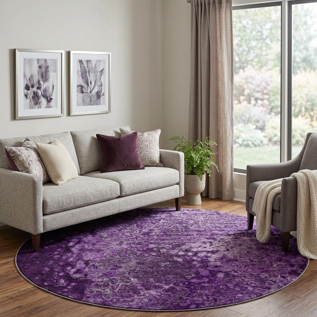 8' Purple And Ivory Abstract Shag Washable Round Rug With UV Protection - HomeRoots - Flyclothing LLC