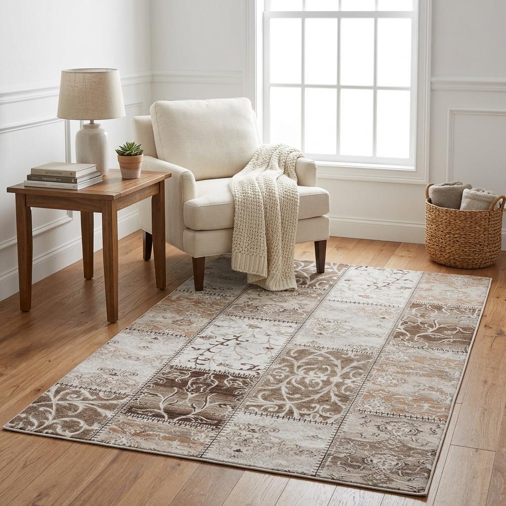5' X 8' Beige And Brown Floral Shag Washable Area Rug With UV Protection - HomeRoots - Flyclothing LLC
