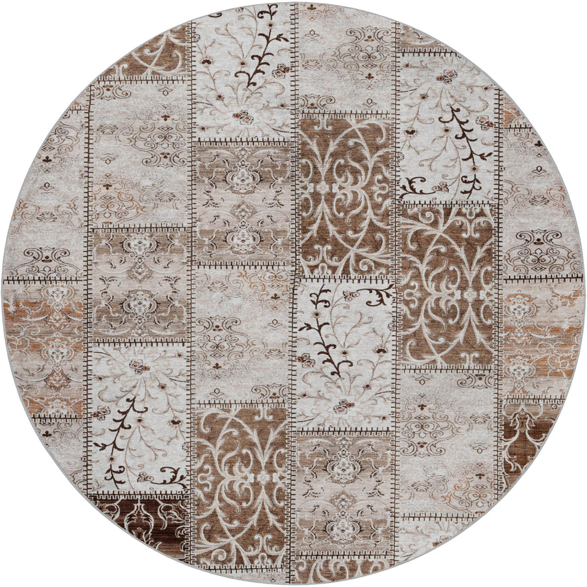 8' Beige And Brown Floral Shag Washable Round Rug With UV Protection - HomeRoots - Flyclothing LLC