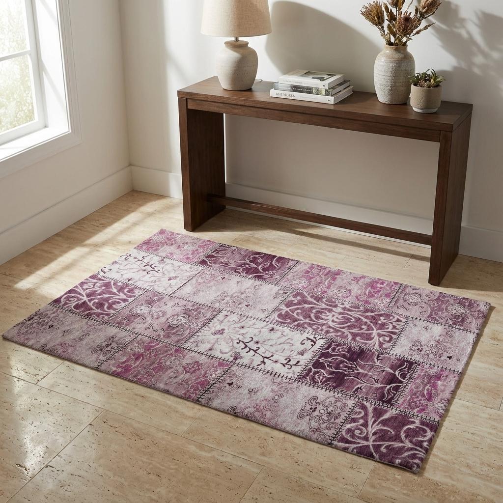 3' X 5' Burgundy And Eggplant Floral Shag Washable Area Rug With UV Protection - HomeRoots - Flyclothing LLC