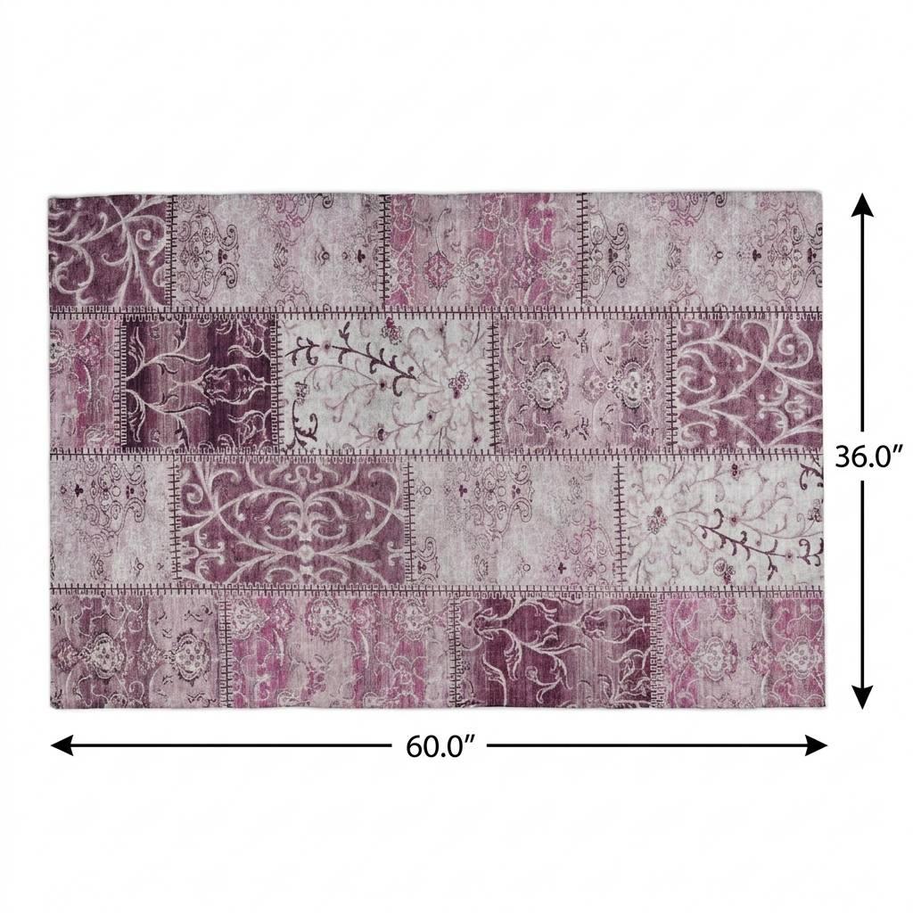 3' X 5' Burgundy And Eggplant Floral Shag Washable Area Rug With UV Protection - HomeRoots - Flyclothing LLC