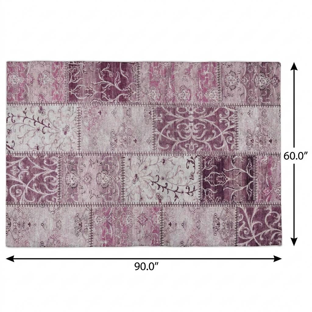 5' X 8' Burgundy And Eggplant Floral Shag Washable Area Rug With UV Protection - HomeRoots - Flyclothing LLC