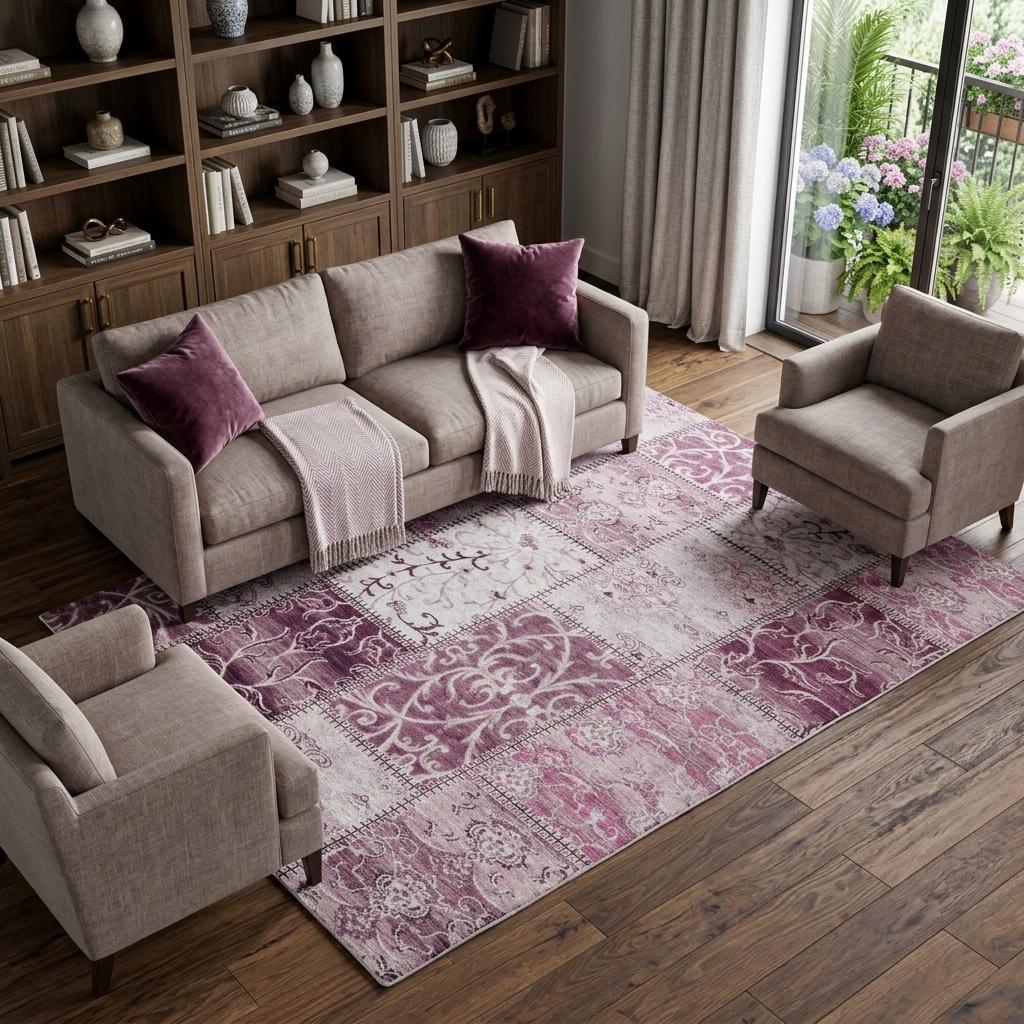8' X 10' Burgundy And Eggplant Floral Shag Washable Area Rug With UV Protection - HomeRoots - Flyclothing LLC