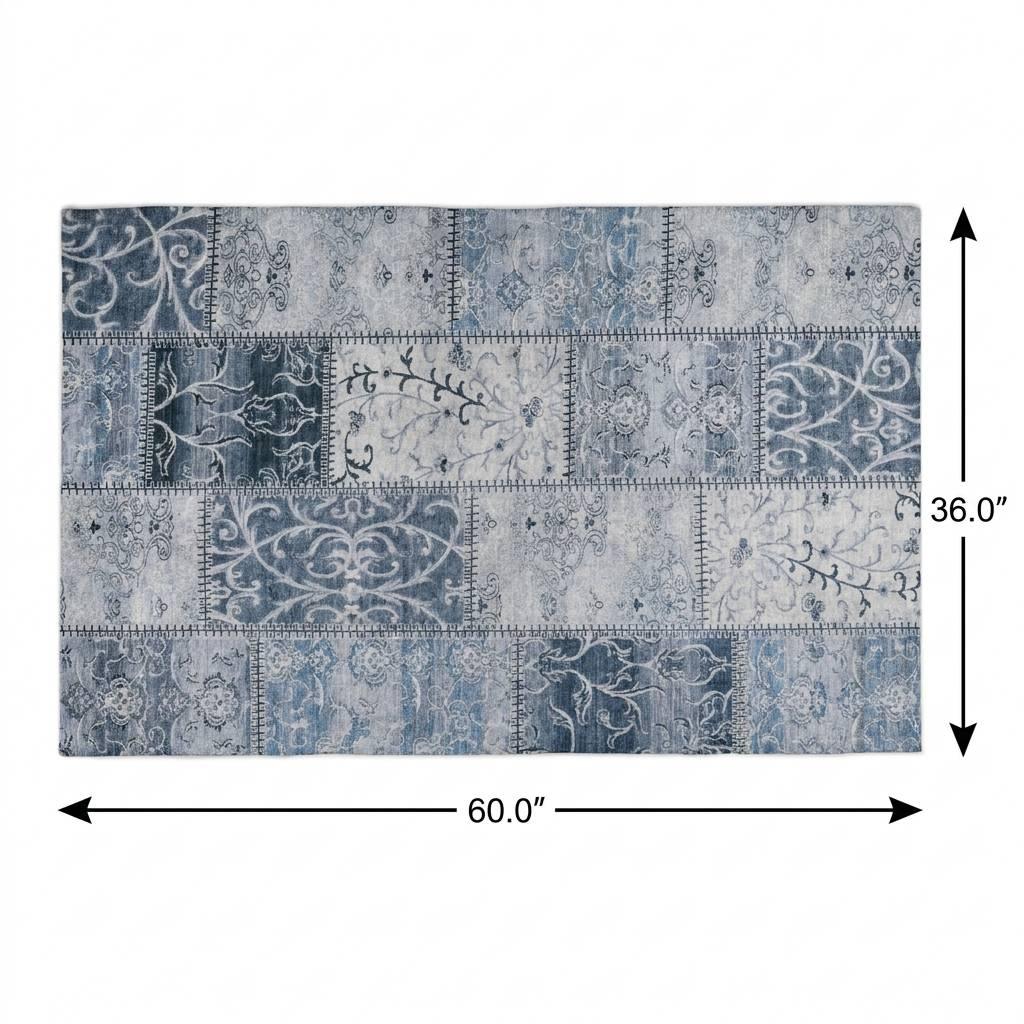 3' X 5' Denim Blue And Blue Floral Shag Washable Area Rug With UV Protection - HomeRoots - Flyclothing LLC