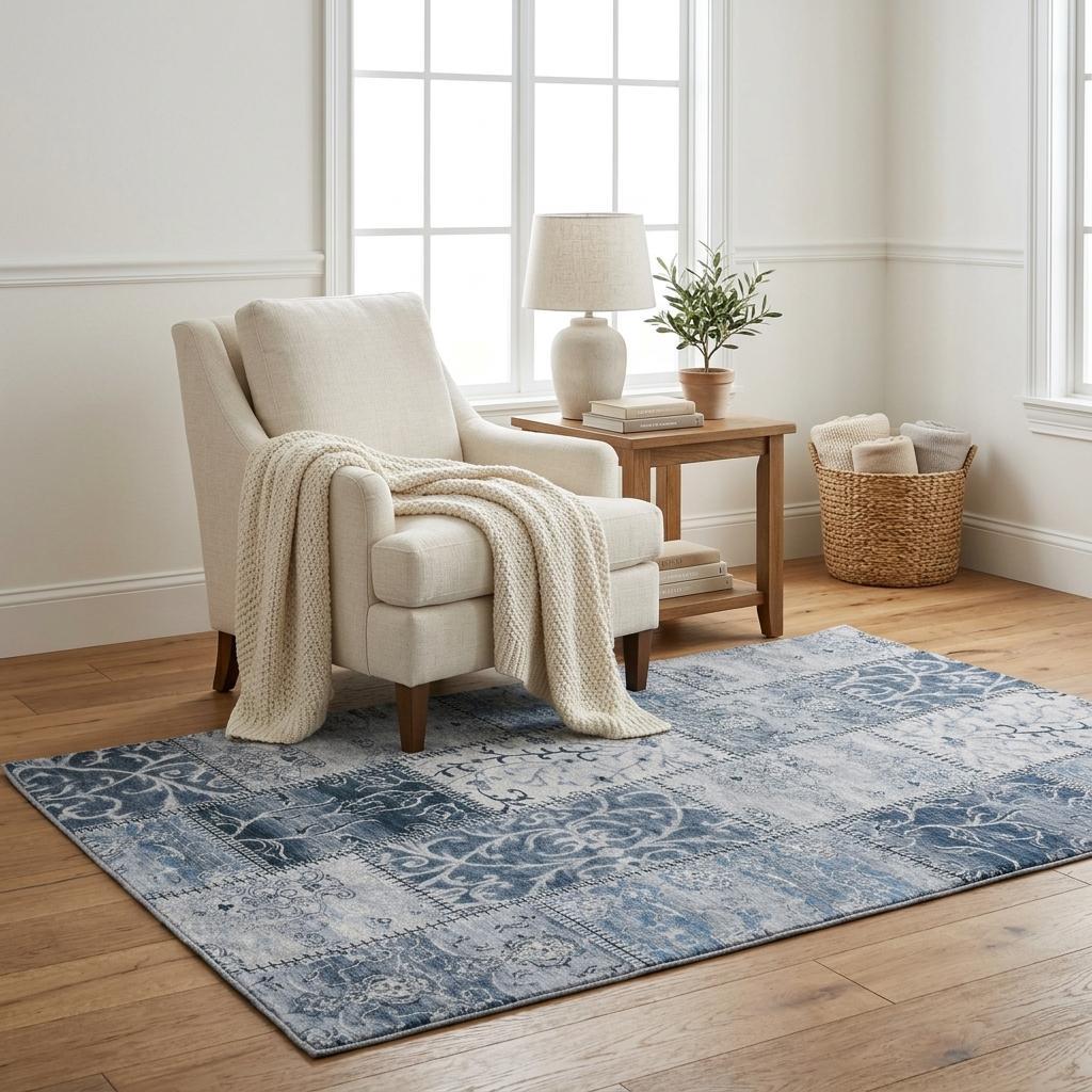 5' X 8' Denim Blue And Blue Floral Shag Washable Area Rug With UV Protection - HomeRoots - Flyclothing LLC