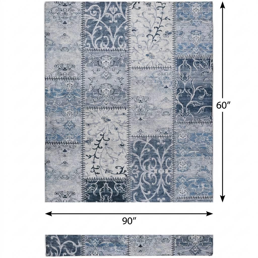 5' X 8' Denim Blue And Blue Floral Shag Washable Area Rug With UV Protection - HomeRoots - Flyclothing LLC