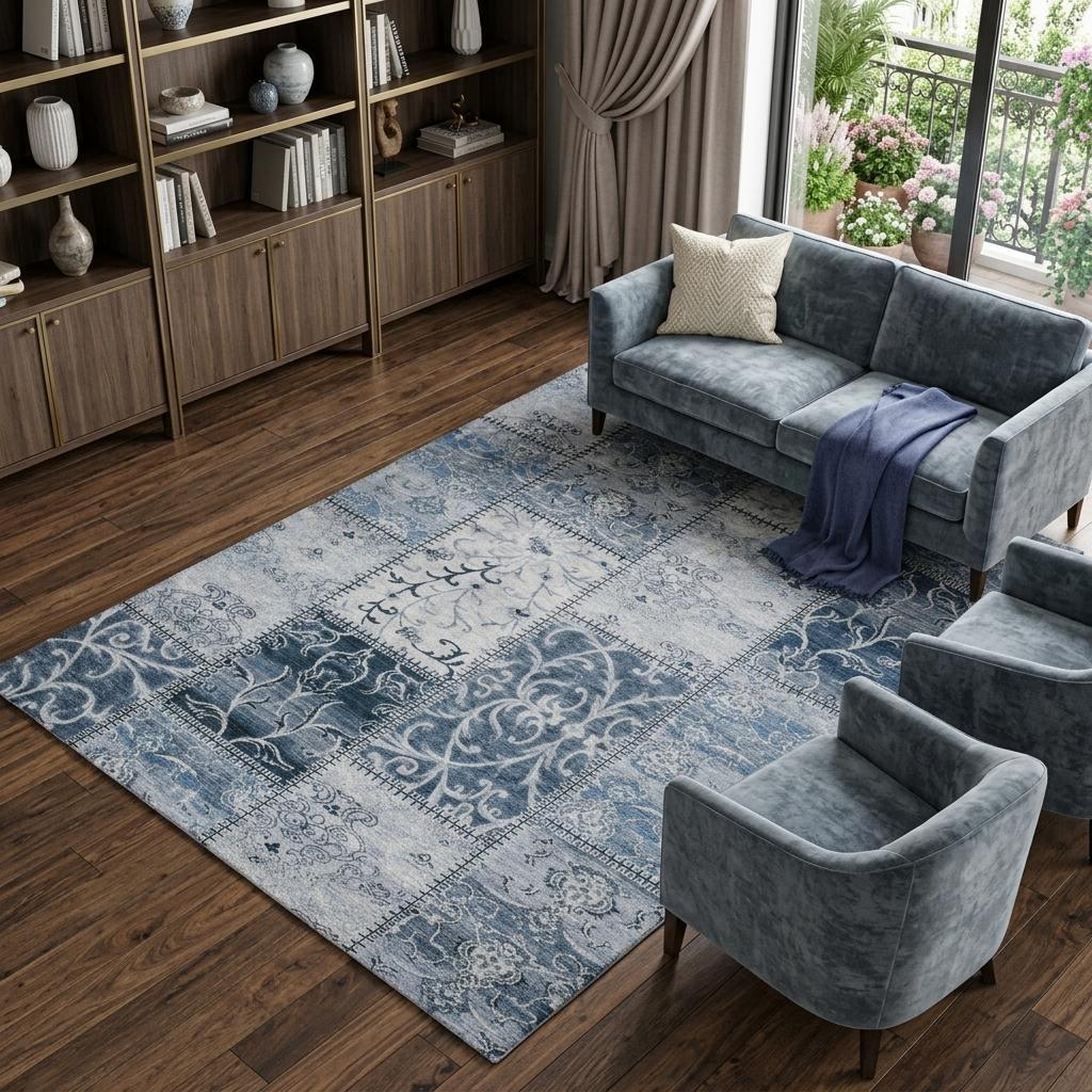 8' X 10' Denim Blue And Blue Floral Shag Washable Area Rug With UV Protection - HomeRoots - Flyclothing LLC