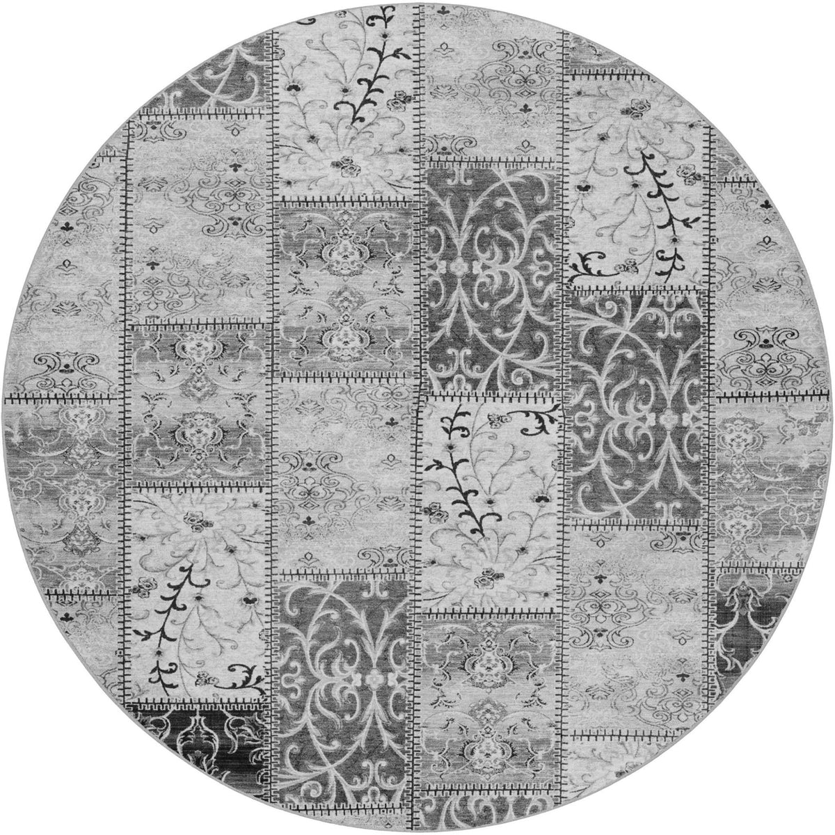8' Gray And Silver Floral Shag Washable Round Rug With UV Protection - HomeRoots - Flyclothing LLC