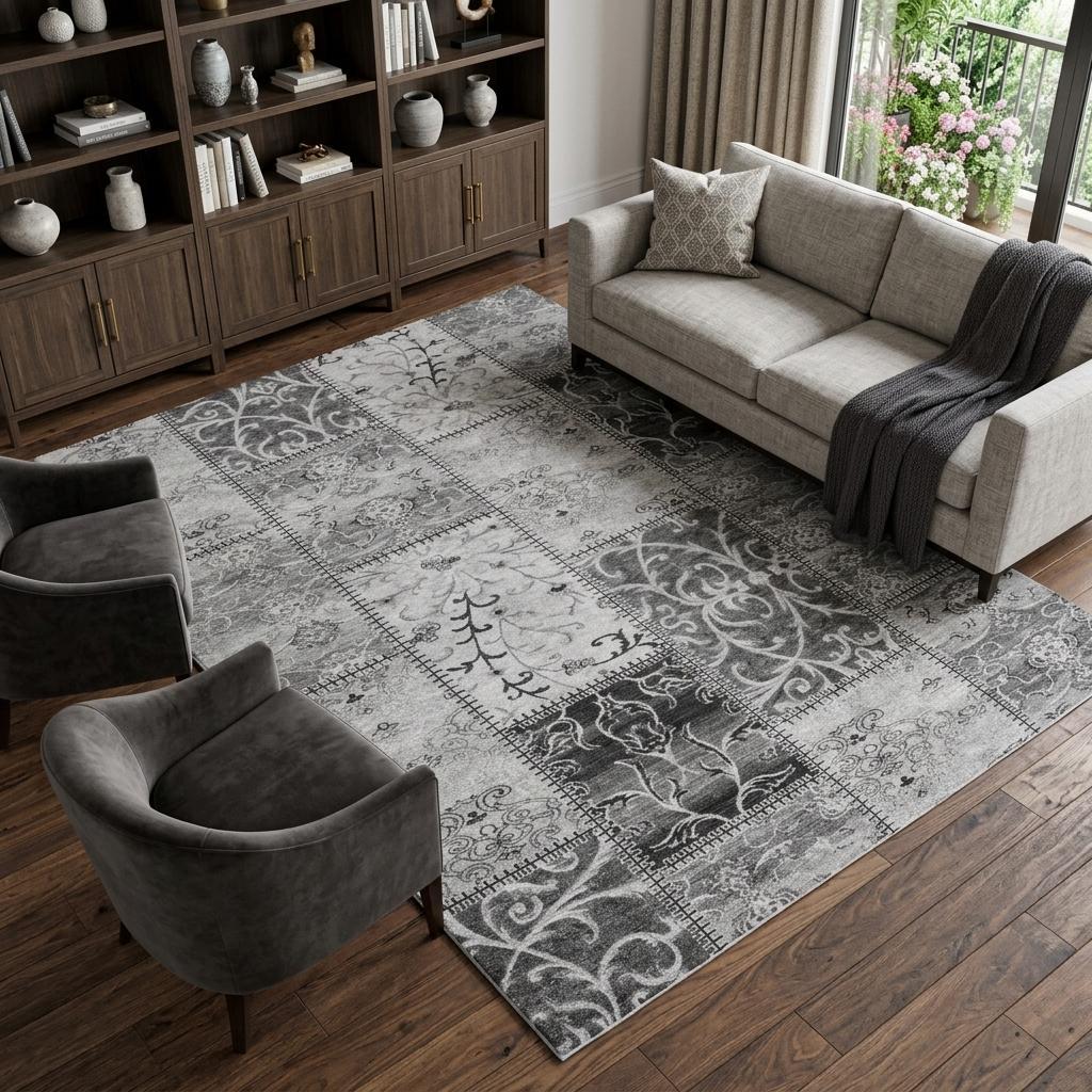 9' X 12' Gray And Silver Floral Shag Washable Area Rug With UV Protection - HomeRoots - Flyclothing LLC