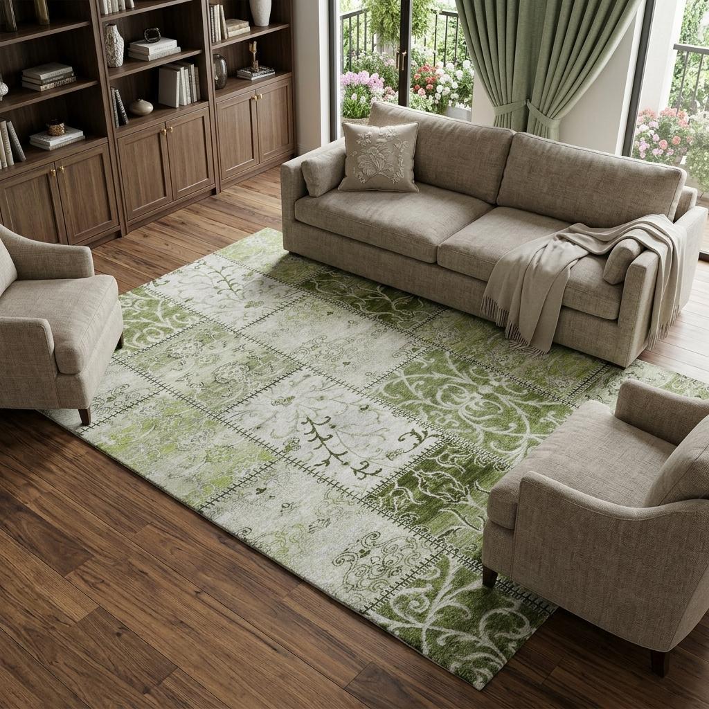 8' X 10' Green And Gray Floral Shag Washable Area Rug With UV Protection - HomeRoots - Flyclothing LLC