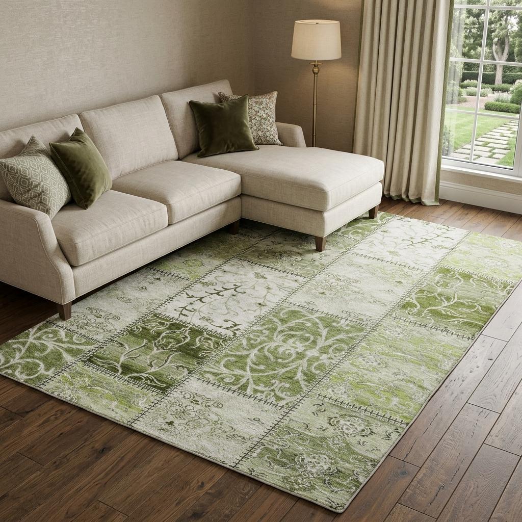 9' X 12' Green And Gray Floral Shag Washable Area Rug With UV Protection - HomeRoots - Flyclothing LLC