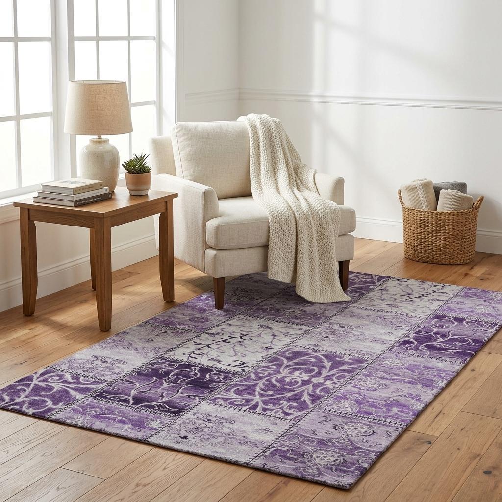 5' X 8' Purple And Lilac Floral Shag Washable Area Rug With UV Protection - HomeRoots - Flyclothing LLC