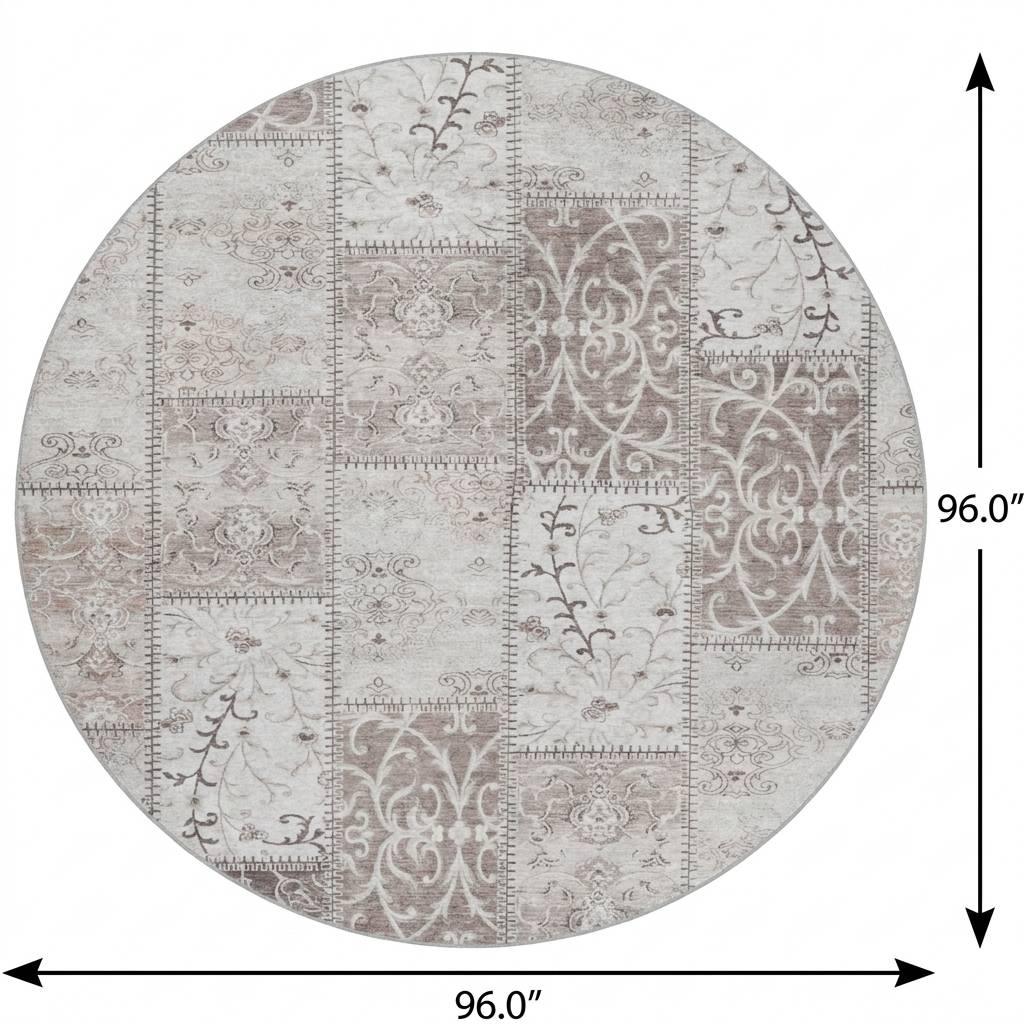 8' Taupe And Beige Floral Shag Washable Round Rug With UV Protection - HomeRoots - Flyclothing LLC