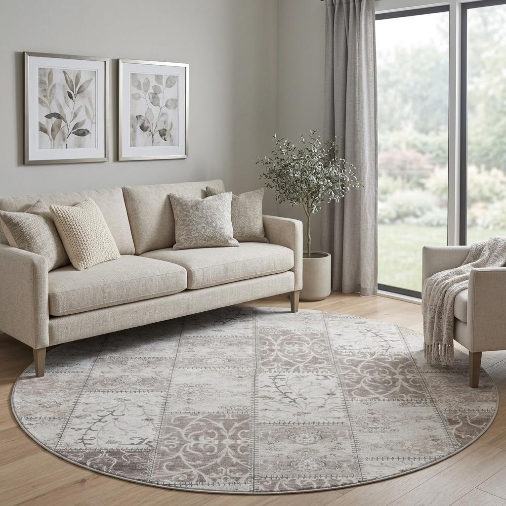 8' Taupe And Beige Floral Shag Washable Round Rug With UV Protection - HomeRoots - Flyclothing LLC
