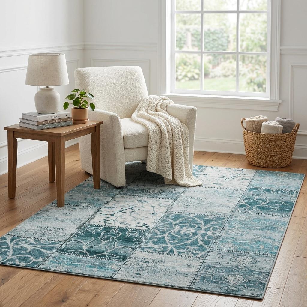 5' X 8' Teal And Ivory Floral Shag Washable Area Rug With UV Protection - HomeRoots - Flyclothing LLC