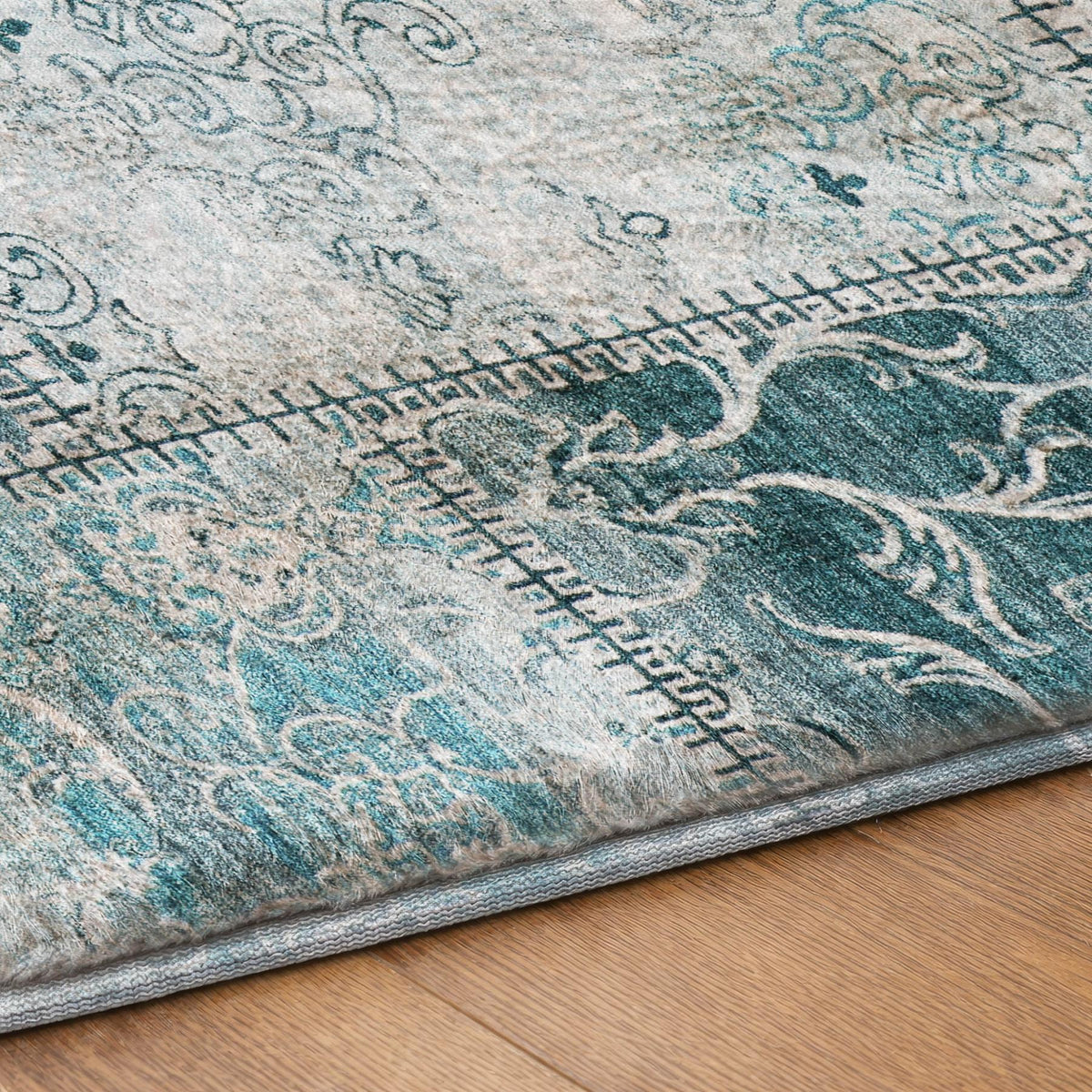 5' X 8' Teal And Ivory Floral Shag Washable Area Rug With UV Protection - HomeRoots - Flyclothing LLC