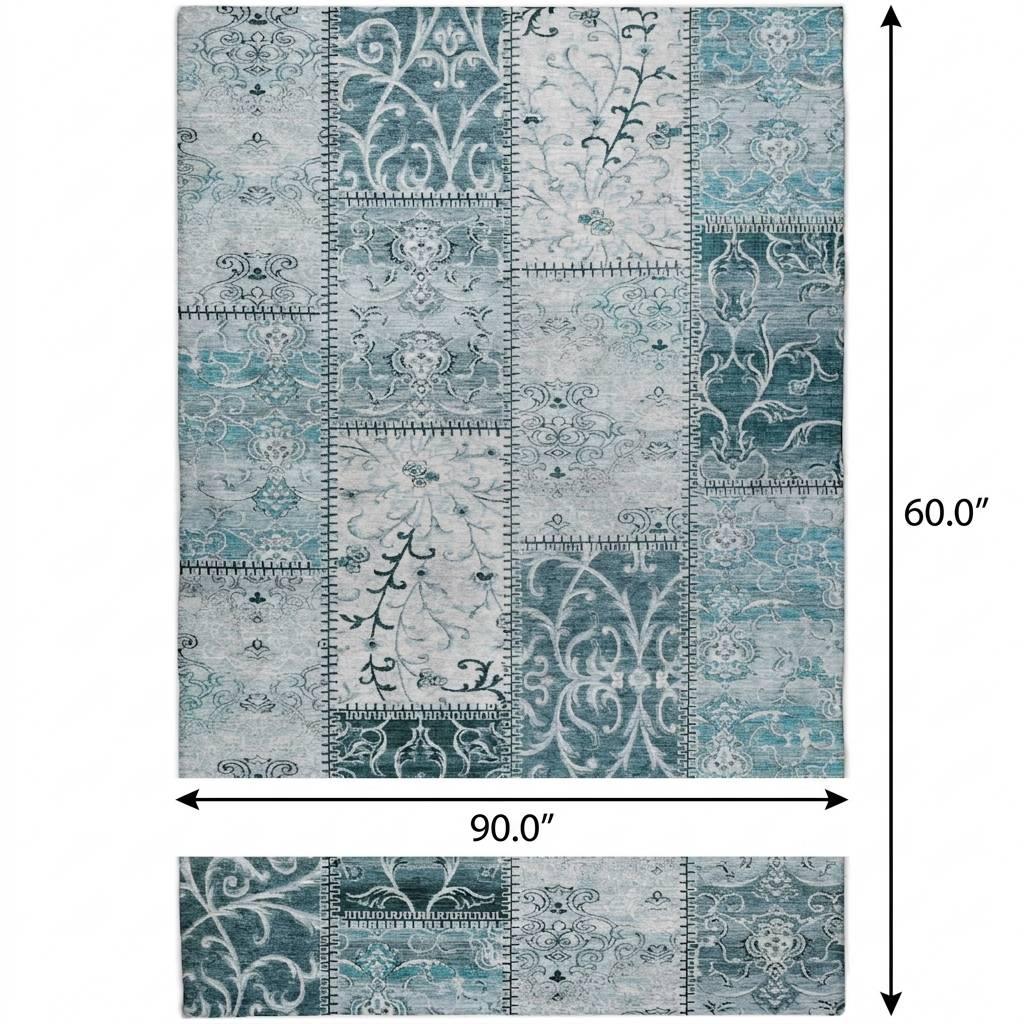 5' X 8' Teal And Ivory Floral Shag Washable Area Rug With UV Protection - HomeRoots - Flyclothing LLC