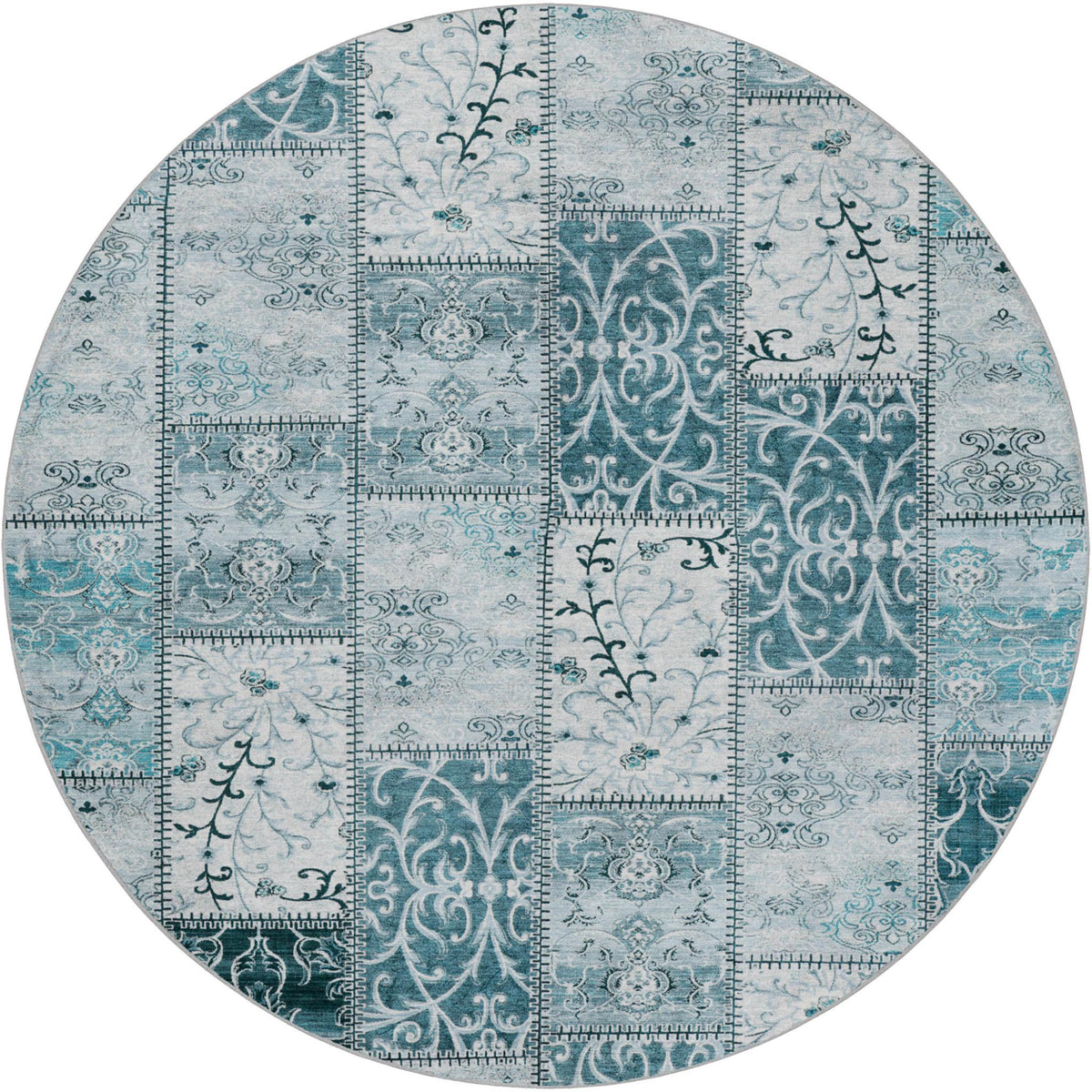 8' Teal And Ivory Floral Shag Washable Round Rug With UV Protection - HomeRoots - Flyclothing LLC