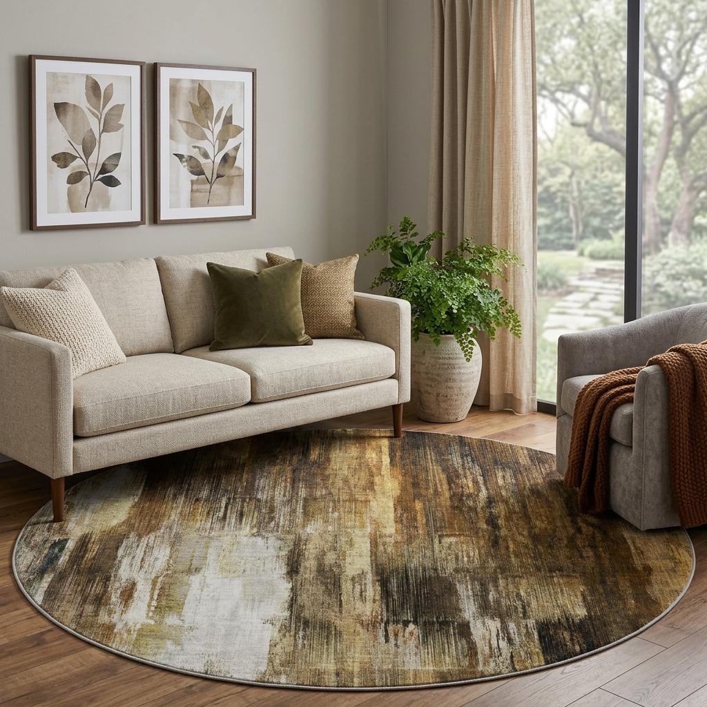 8' Chocolate And Brown Abstract Shag Washable Round Rug With UV Protection - HomeRoots - Flyclothing LLC