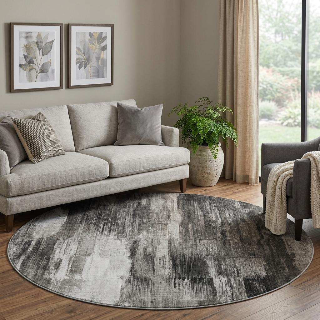 8' Gray And Black Abstract Shag Washable Round Rug With UV Protection - HomeRoots - Flyclothing LLC