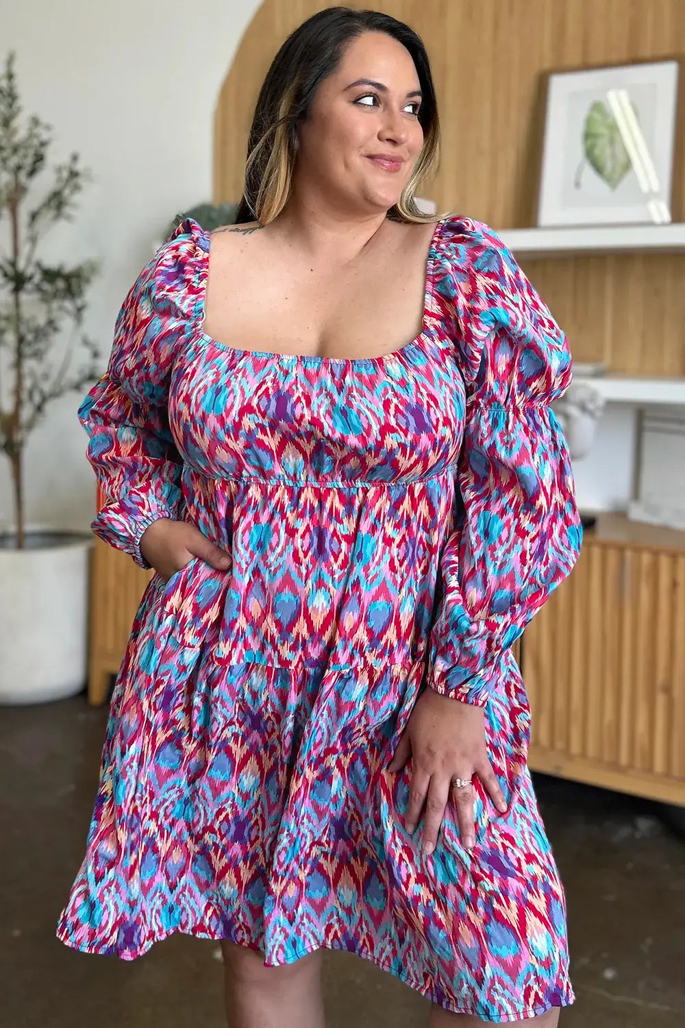 Double Take Full Size Printed Long Sleeve Dress - Trendsi - Flyclothing LLC