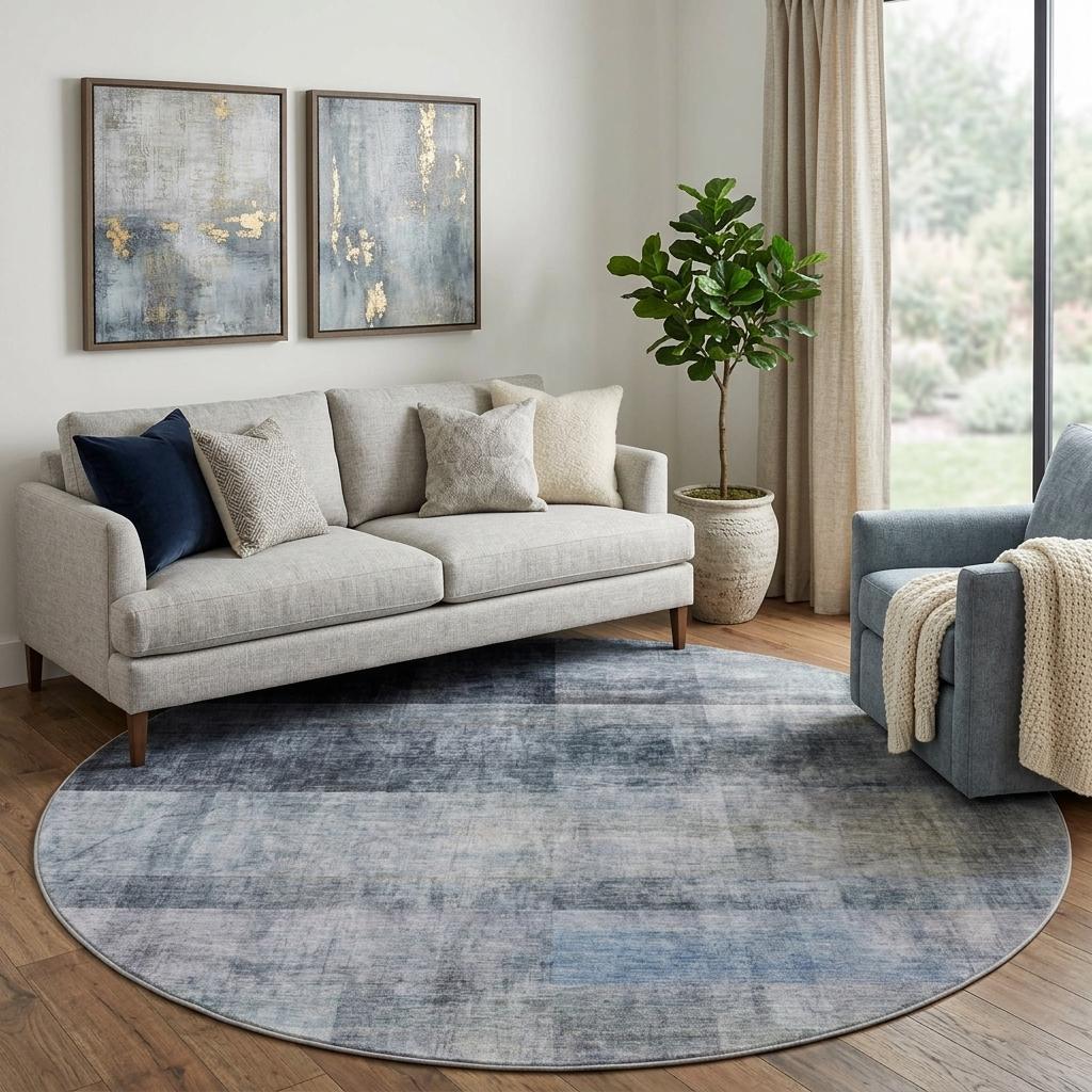 8' Navy Blue And Gray Geometric Shag Washable Round Rug With UV Protection - HomeRoots - Flyclothing LLC