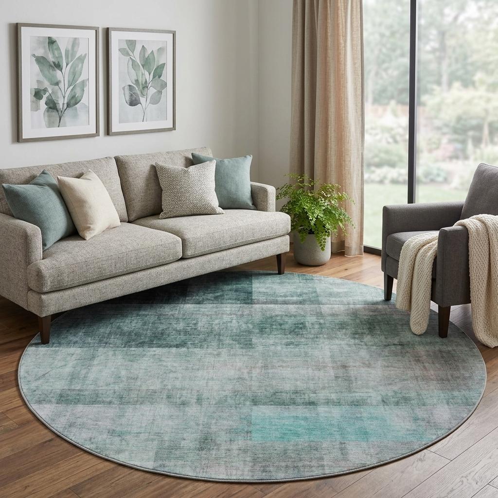 8' Teal And Gray Geometric Shag Washable Round Rug With UV Protection - HomeRoots - Flyclothing LLC