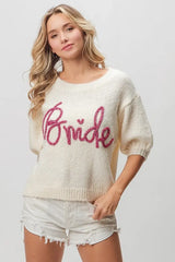 BiBi Metallic Letter Short Puff Sleeve Hairy Sweater - Trendsi - Flyclothing LLC
