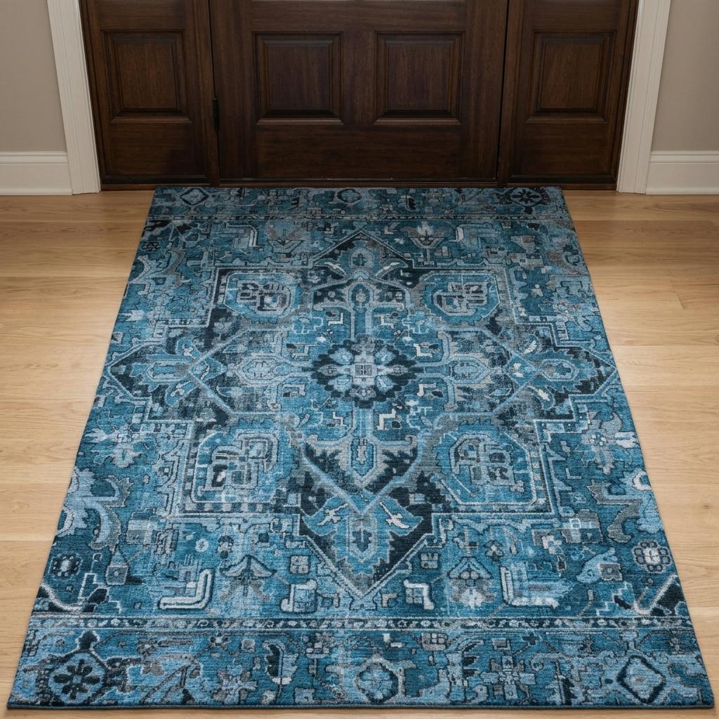 3' X 5' Blue And Denim Blue Oriental Shag Washable Area Rug With UV Protection - HomeRoots - Flyclothing LLC