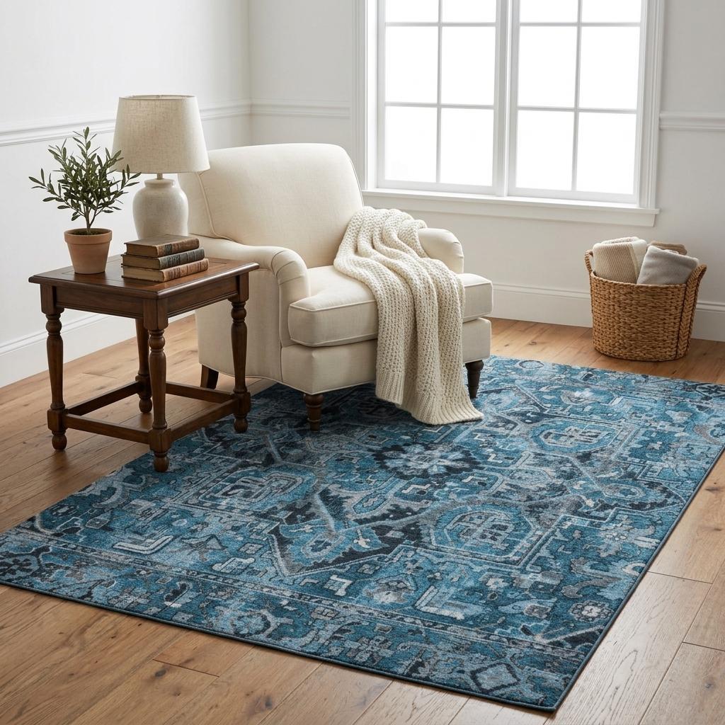 5' X 8' Blue And Denim Blue Oriental Shag Washable Area Rug With UV Protection - HomeRoots - Flyclothing LLC