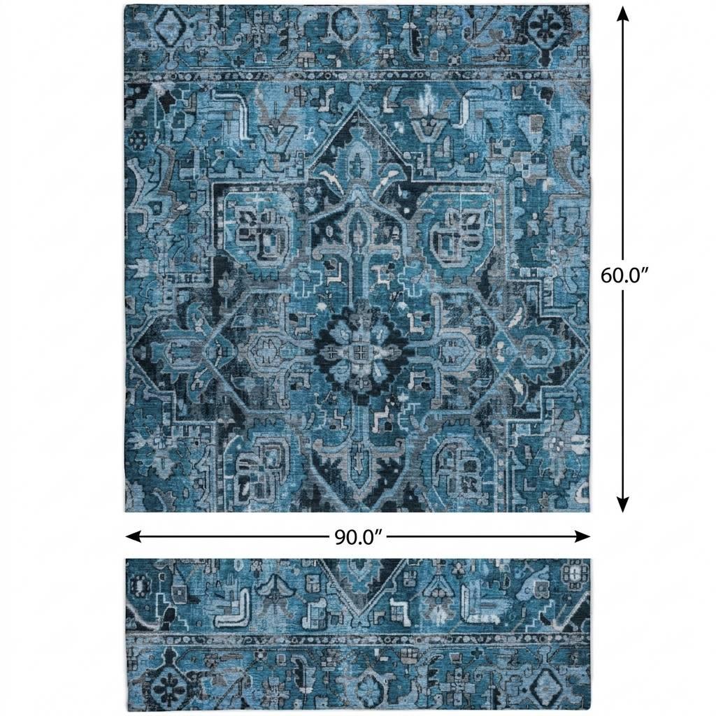 5' X 8' Blue And Denim Blue Oriental Shag Washable Area Rug With UV Protection - HomeRoots - Flyclothing LLC