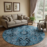 8' Blue And Denim Blue Oriental Shag Washable Round Rug With UV Protection - HomeRoots - Flyclothing LLC