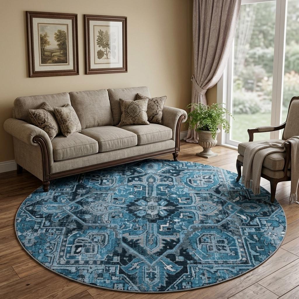 8' Blue And Denim Blue Oriental Shag Washable Round Rug With UV Protection - HomeRoots - Flyclothing LLC