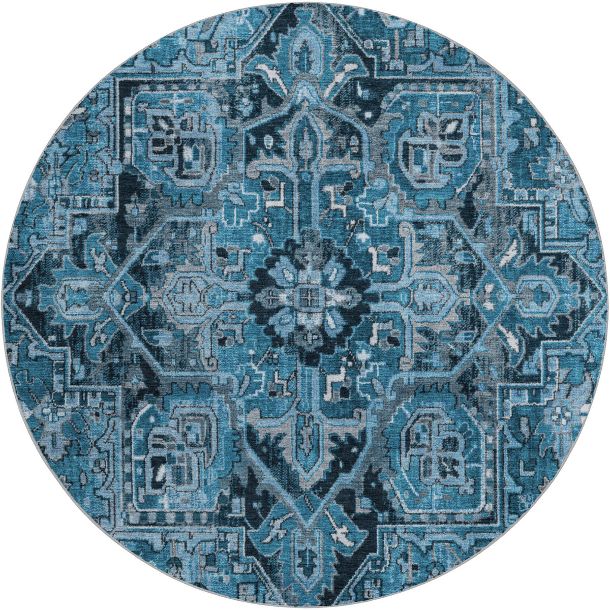 8' Blue And Denim Blue Oriental Shag Washable Round Rug With UV Protection - HomeRoots - Flyclothing LLC