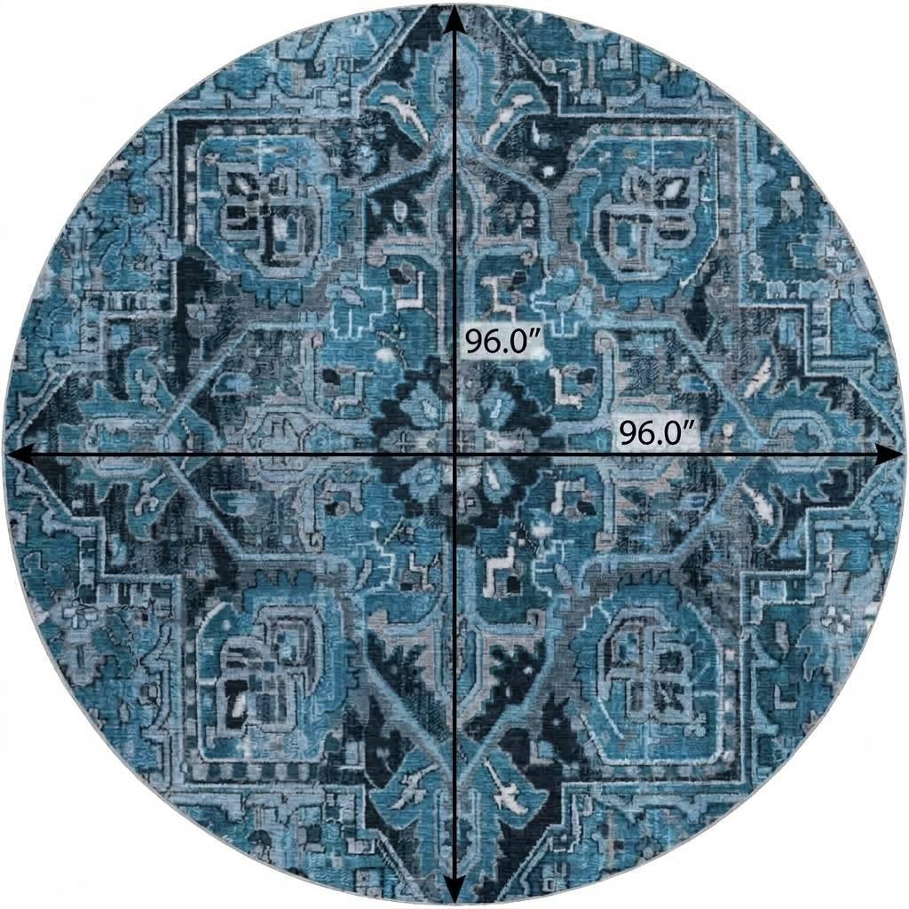 8' Blue And Denim Blue Oriental Shag Washable Round Rug With UV Protection - HomeRoots - Flyclothing LLC