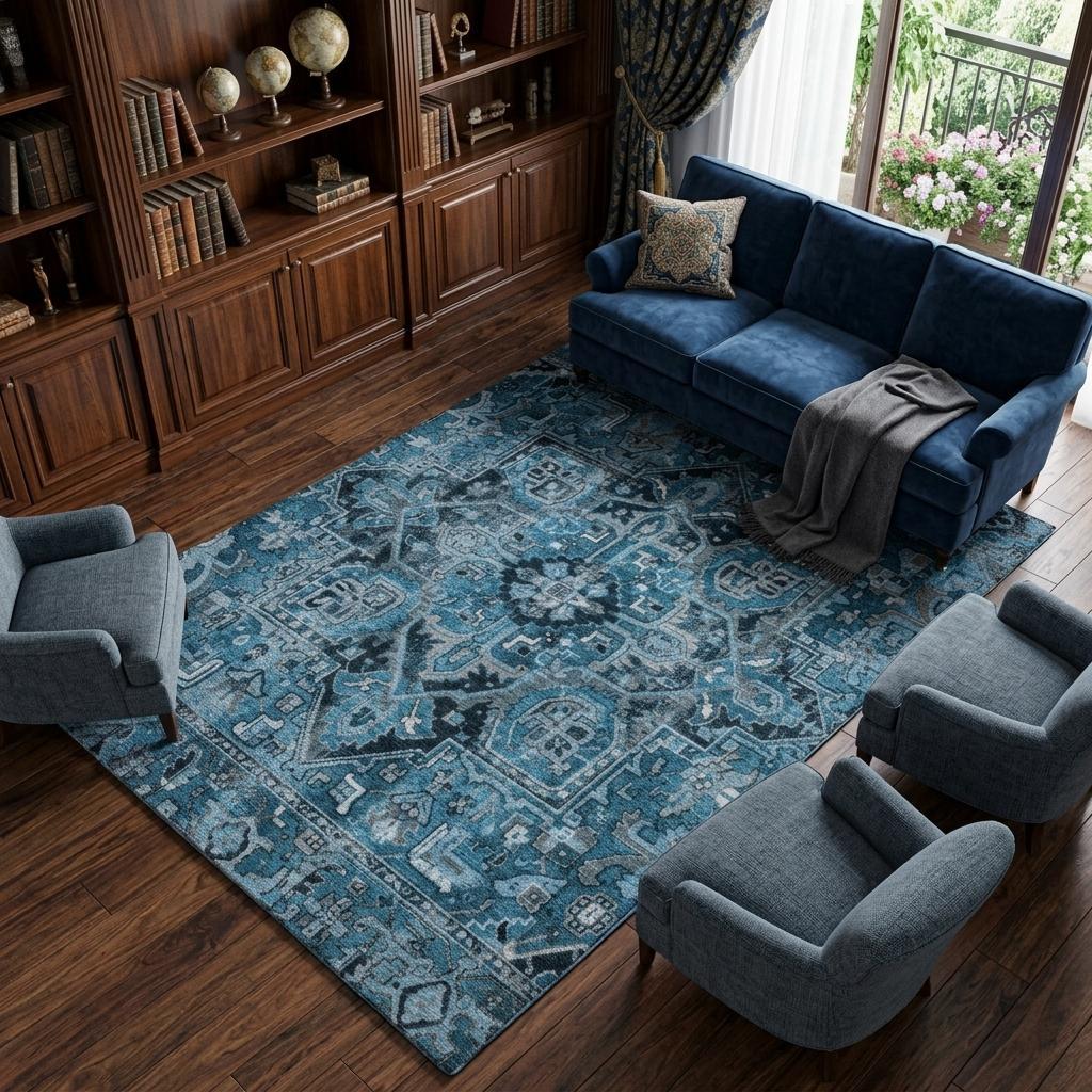 9' X 12' Blue And Denim Blue Oriental Shag Washable Area Rug With UV Protection - HomeRoots - Flyclothing LLC